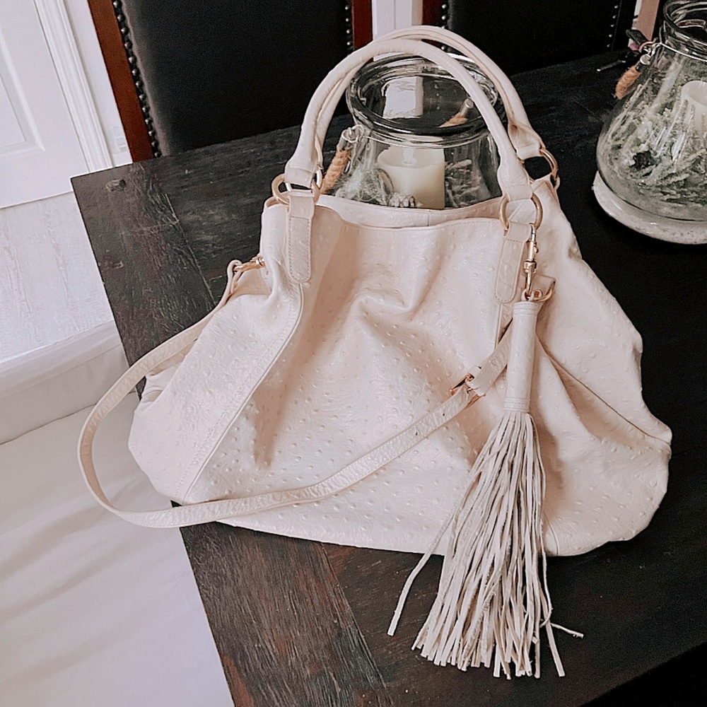 LARGE AUTHENTIC CRÈME COLORED LEATHER OSTRICH BAG - Picture 5 of 16